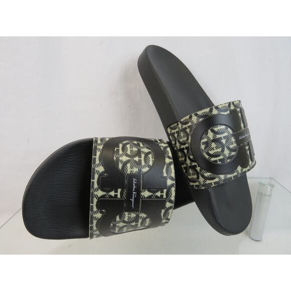 NIB FERRAGAMO GROOVE 6 BEIGE BLACK RUBBER GANCINI LOGO SANDALS SLIDES 11 M - Picture 10 of 15